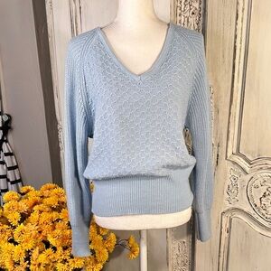 Light Blue V-Neck Women's Sweater with Back  Lace Embellishments.